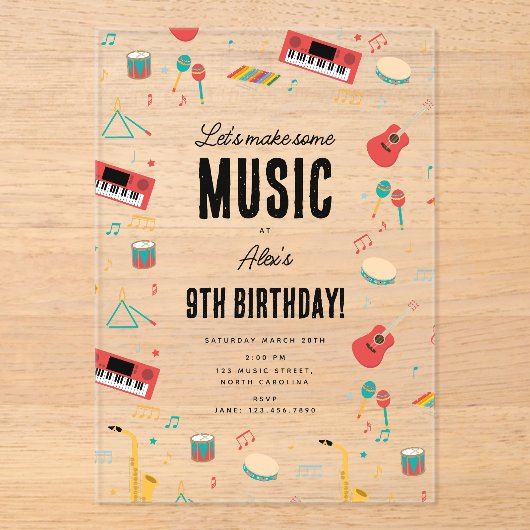 ミュージカル楽器音楽テーマ誕生日パーティー アクリル招待状 (正面)