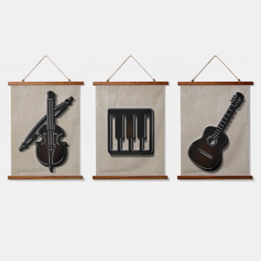 ミュージカル楽器、3つのぶら下がったタペストリーのセット 吊り下げ型タペストリー (トリプル)