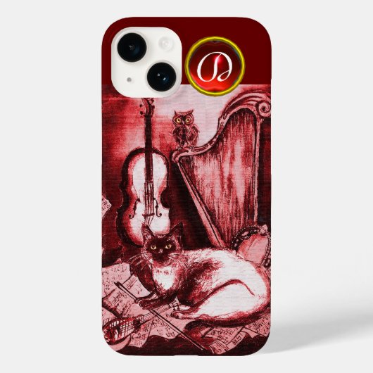 ミュージカル猫とフクロウを入れた赤ルビー宝石モノグラム Case-Mate iPhoneケース (裏面)
