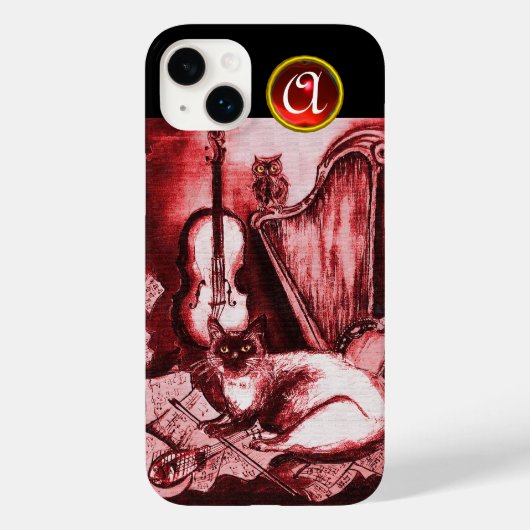 ミュージカル猫とフクロウを入れた赤ルビー宝石モノグラム Case-Mate iPhoneケース (裏面)