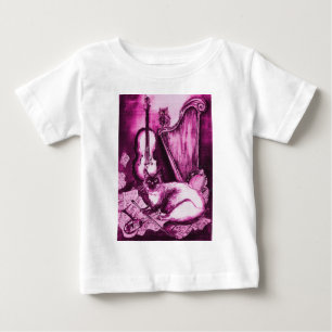 ミュージカル猫とフクロウピンク明るい赤紫色紫色ホワイト ベビーTシャツ