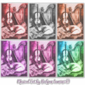 ミュージカル猫、フクロウ、バイオリン、ハープのモノクロ音楽 シール (正面)