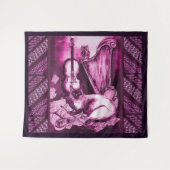 ミュージカル猫、フクロウ、バイオリン、ハープピンクパープルミュージック タペストリー (正面(横))