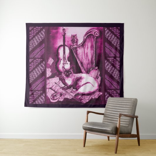 ミュージカル猫、フクロウ、バイオリン、ハープピンクパープルミュージック タペストリー (インサイチュ(横))