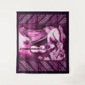 ミュージカル猫、フクロウ、バイオリン、ハープピンクパープルミュージック タペストリー (正面)