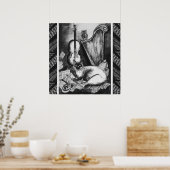 ミュージカル猫、フクロウ、バイオリン、ハープ白黒グレイ音楽 ポスター (キッチン)