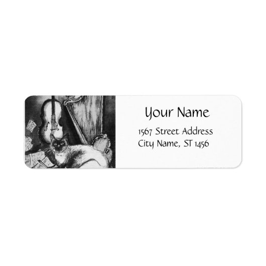 ミュージカル猫、フクロウ、バイオリン、ハープ白黒グレイ音楽 ラベル (正面)