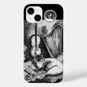 ミュージカル猫、フクロウ、バイオリン、ハープ白黒グレイ音楽 Case-Mate iPhone 14ケース
