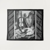 ミュージカル猫、フクロウ、ヴァイオリン、ハープ白黒音楽 タペストリー (正面(横))