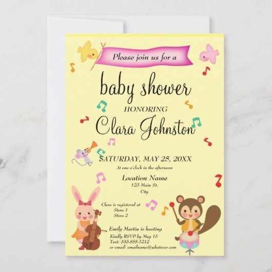 ミュージカル男女兼用動物赤ちゃんシャワー 招待状 (正面)