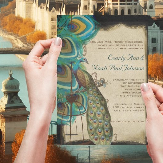 ミュージカル素朴ピーコックバードケージ結婚式招待状 招待状