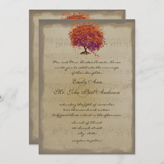 ミュージカル金ゴールドオレンジプラムハートリーフツリーウェディング 招待状 (正面/裏面)