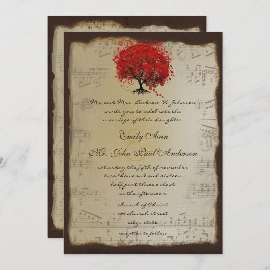 ミュージカル金ゴールドオレンジプラムハートリーフツリーウェディング 招待状 (正面/裏面)