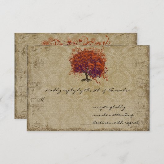 ミュージカル金ゴールドダークオレンジプラムハート葉樹 出欠カード (正面/裏面)