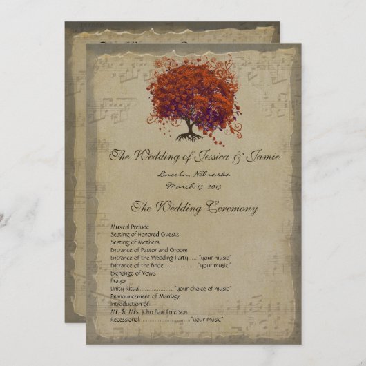 ミュージカル金ゴールドダークコーラルハートツリー結婚式 プログラム (正面/裏面)