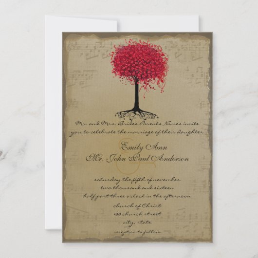 ミュージカル金ゴールド赤いハートリーフツリー結婚式の招待 招待状 (正面)