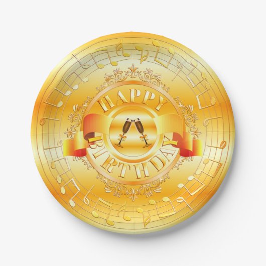 ミュージカル金ゴールド飾り付き魅力ハッピーバースデー ペーパープレート (正面)