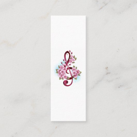 ミュージカル高音クレフ、 音符記号の音符と桜の花 スキニー名刺 (正面)