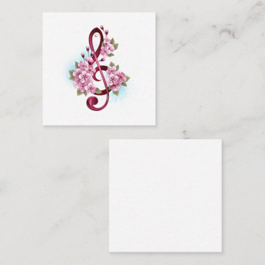 ミュージカル高音クレフ、 音符記号の音符と桜の花 スクエア名刺 (正面/裏面)
