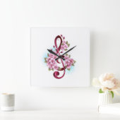 ミュージカル高音クレフ、 音符記号の音符と桜の花 スクエア壁時計 (ホーム)