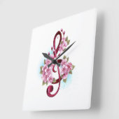 ミュージカル高音クレフ、 音符記号の音符と桜の花 スクエア壁時計 (傾斜)