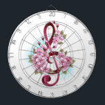 ミュージカル高音クレフ、 音符記号の音符と桜の花 ダーツボード<br><div class="desc">ピンクの高音クレフ、 音符記号で、細かいピンクの日本のさくらんぼの花が、淡い青絵を描色の背景に浮かび上がって絵を描います。咲くピンクの桜。</div>