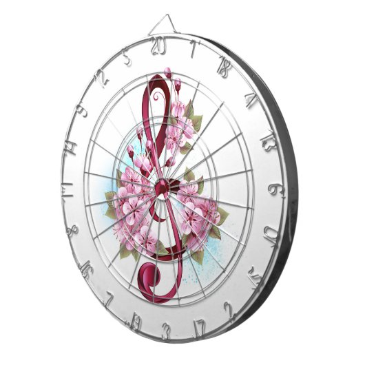 ミュージカル高音クレフ、 音符記号の音符と桜の花 ダーツボード (正面右)