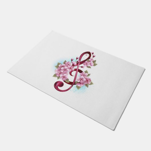 ミュージカル高音クレフ、 音符記号の音符と桜の花 ドアマット (アングル)