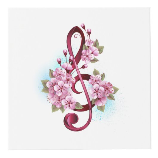 ミュージカル高音クレフ、 音符記号の音符と桜の花 フォトキューブ (正面)