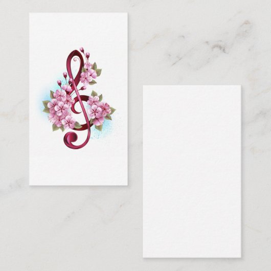 ミュージカル高音クレフ、 音符記号の音符と桜の花 プレイスカード (正面/裏面)