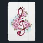 ミュージカル高音クレフ、 音符記号の音符と桜の花 iPad PROカバー<br><div class="desc">ピンクの高音クレフ、 音符記号で、細かいピンクの日本のさくらんぼの花が、淡い青絵を描色の背景に浮かび上がって絵を描います。咲くピンクの桜。</div>