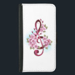 ミュージカル高音クレフ、 音符記号の音符と桜の花 GALAXY S5 ウォレットケース<br><div class="desc">ピンクの高音クレフ、 音符記号で、細かいピンクの日本のさくらんぼの花が、淡い青絵を描色の背景に浮かび上がって絵を描います。咲くピンクの桜。</div>