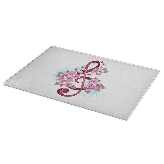 ミュージカル高音クレフ、 音符記号ノートと桜花 カッティングボード (角)