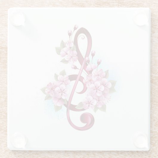 ミュージカル高音クレフ、 音符記号ノートと桜花 ガラスコースター (裏面)