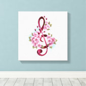 ミュージカル高音クレフ、 音符記号ノートと桜花 キャンバスプリント (インサイチュ (ウッドフロア))
