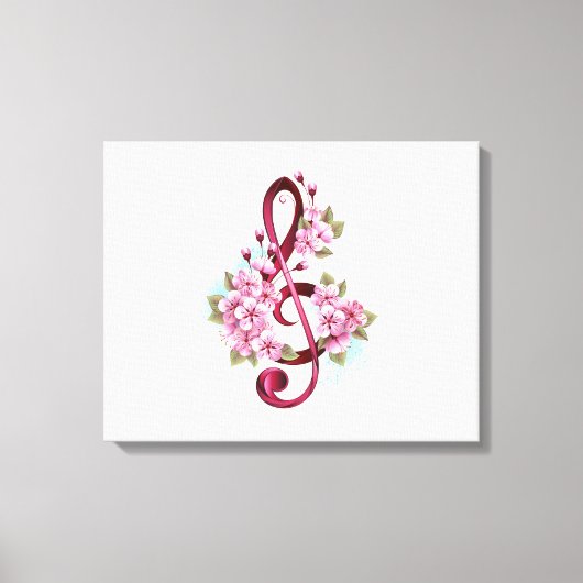 ミュージカル高音クレフ、 音符記号ノートと桜花 キャンバスプリント (正面)