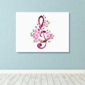 ミュージカル高音クレフ、 音符記号ノートと桜花 キャンバスプリント (インサイチュ (ウッドフロア))
