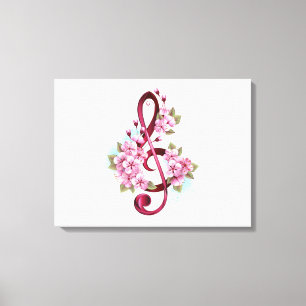 ミュージカル高音クレフ、 音符記号ノートと桜花 キャンバスプリント