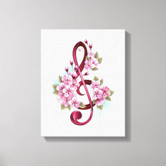 ミュージカル高音クレフ、 音符記号ノートと桜花 キャンバスプリント (正面)