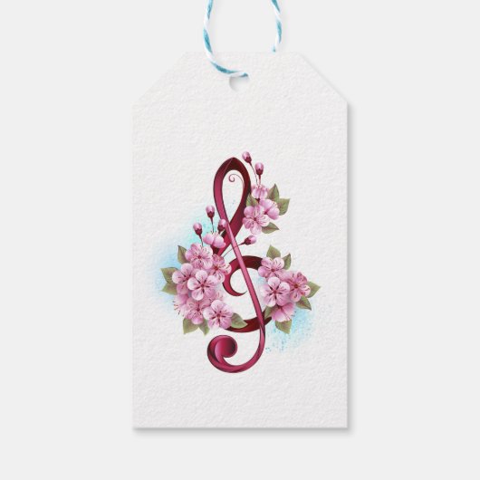 ミュージカル高音クレフ、 音符記号ノートと桜花 ギフトタグ (裏面)