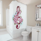 ミュージカル高音クレフ、 音符記号ノートと桜花 シャワーカーテン (インサイチュ)