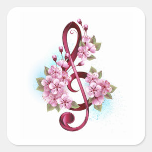 ミュージカル高音クレフ、 音符記号ノートと桜花 スクエアシール