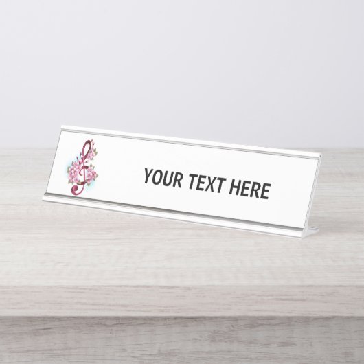 ミュージカル高音クレフ、 音符記号ノートと桜花 デスクネームプレート (正面)