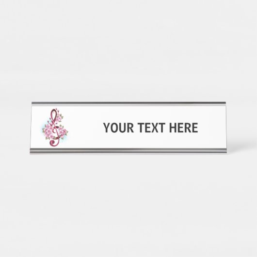 ミュージカル高音クレフ、 音符記号ノートと桜花 デスクネームプレート (正面)