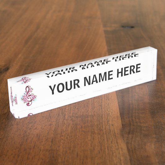 ミュージカル高音クレフ、 音符記号ノートと桜花 デスクネームプレート (側面)