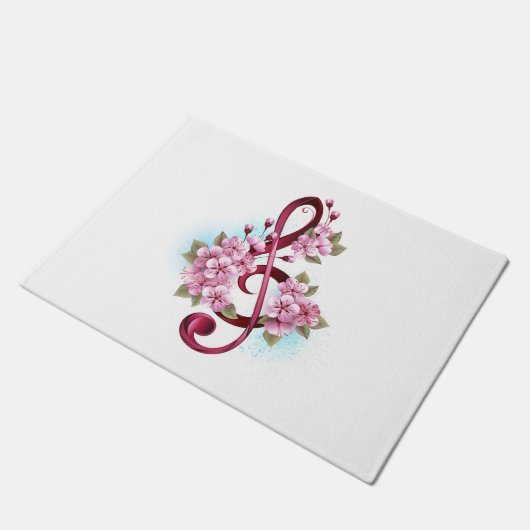 ミュージカル高音クレフ、 音符記号ノートと桜花 ドアマット (アングル)