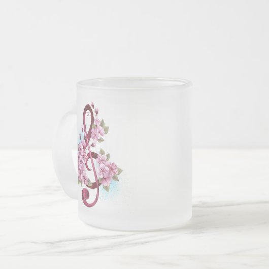 ミュージカル高音クレフ、 音符記号ノートと桜花 フロストグラスマグカップ (正面左)