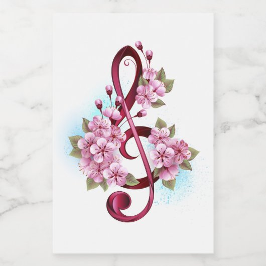ミュージカル高音クレフ、 音符記号ノートと桜花 フードラベル (シングルラベル)