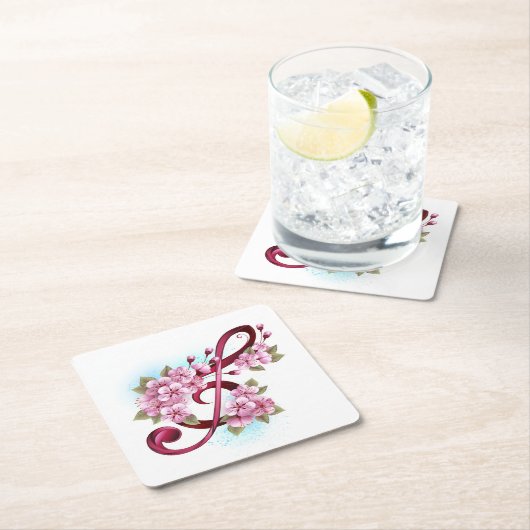 ミュージカル高音クレフ、 音符記号ノートと桜花 ペーパーコースター (インサイチュ)