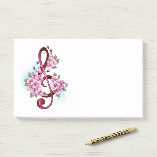 ミュージカル高音クレフ、 音符記号ノートと桜花 ポストイット (デスク)